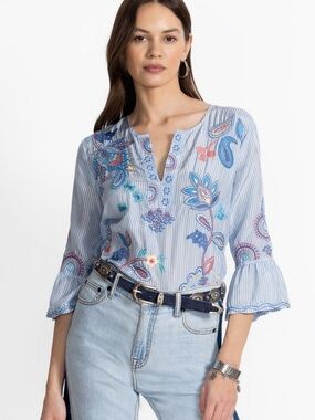 NWT Johnny Was 100% Silk Light Blue Striped Embroidered Peasant Blouse